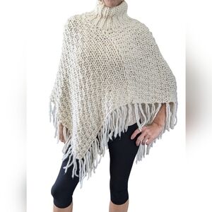 Y2K Vintage Express Chunky Knit Fringe Turtleneck Poncho Sweater Cream